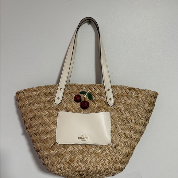 Coach Natural Straw Tote with White and Cherry Accents